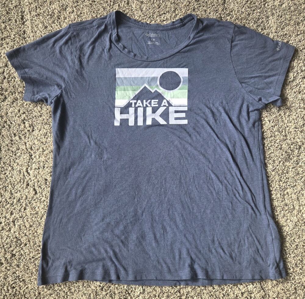 Columbia Women's Large "Take A Hike" Mountain Graphic T-Shirt Blue Grey